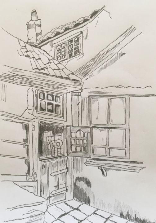 Painting titled "House" by George Kalinderis, Original Artwork, Pencil