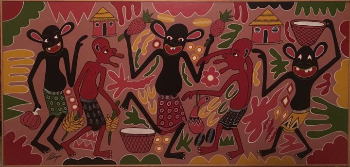 Painting titled "Wana shelekea sikuk…" by George Lilanga, Original Artwork, Oil