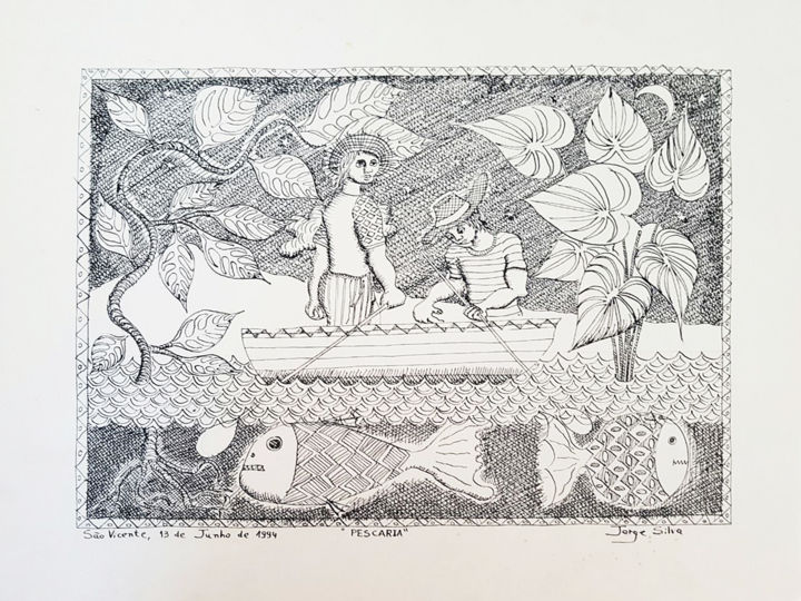 Desenho intitulada "Pescaria" por George Avis, Obras de arte originais, Tinta