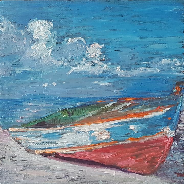 Painting titled "Boat on shore" by George Bacov, Original Artwork, Oil