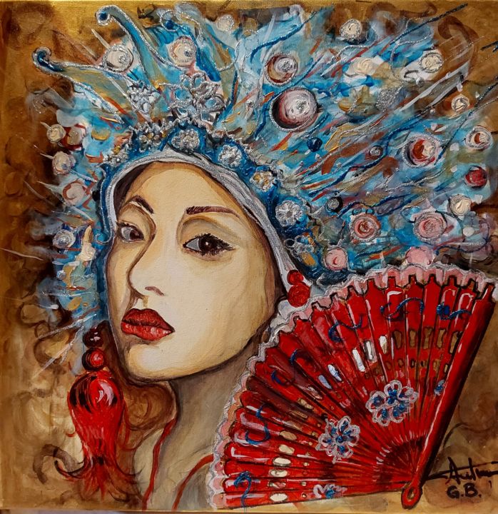 Painting titled "Mysterious Geisha" by George Balmus, Original Artwork, Acrylic Mounted on Wood Panel