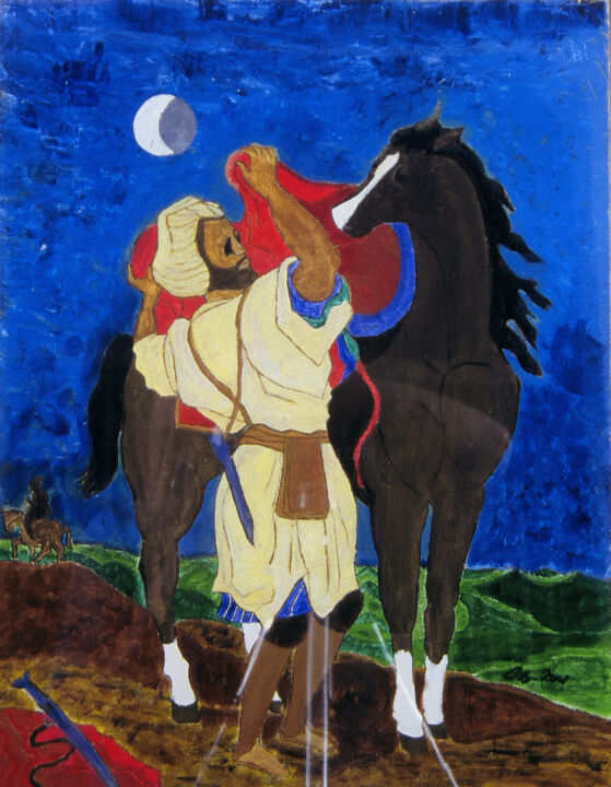 Painting titled "ARABIAN HORSEMAN" by Georges Bettan, Original Artwork, Acrylic Mounted on Wood Stretcher frame