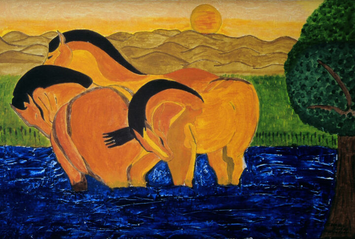 제목이 "yellow horses"인 미술작품 Georges Bettan로, 원작, 아크릴 나무 들것 프레임에 장착됨