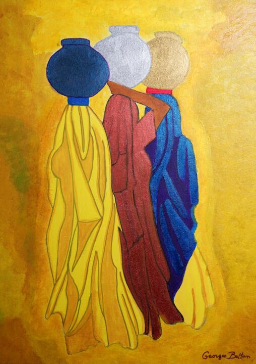 Painting titled "WOMEN CARRYING WATE…" by Georges Bettan, Original Artwork, Acrylic Mounted on Wood Stretcher frame
