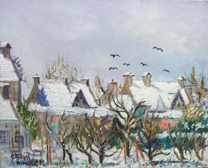 Painting titled "Temps de neige 1991" by Georges Briot, Original Artwork, Oil