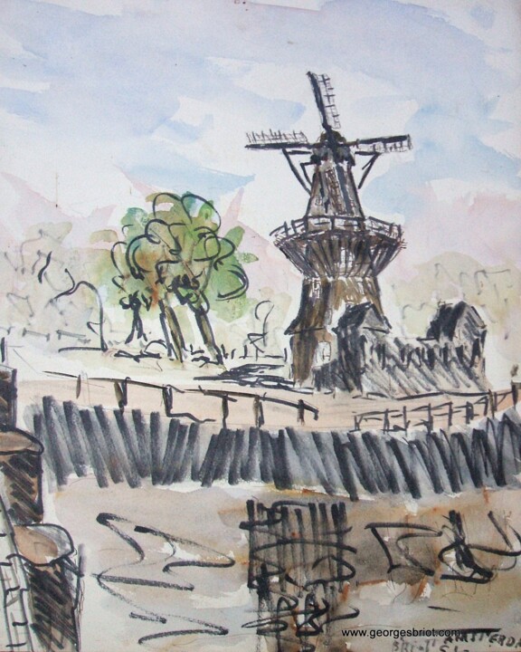 Painting titled "Moulin à Amsterdam…" by Georges Briot, Original Artwork, Oil