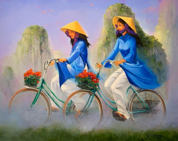 Schilderij getiteld "Fleurs du Vietnam" door Georges Corominas, Origineel Kunstwerk, Olie