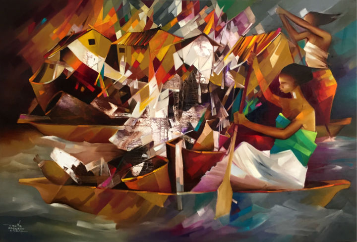 Peinture intitulée "Voyage en pirogue" par Georges M'Bourou, Œuvre d'art originale, Huile