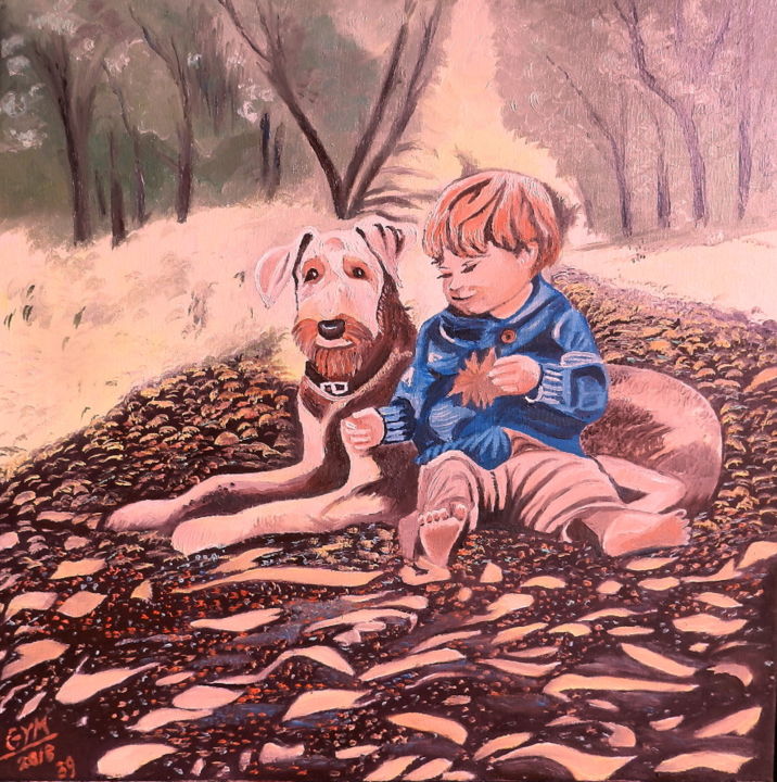Painting titled "Enfant & chien" by Gym, Original Artwork, Oil