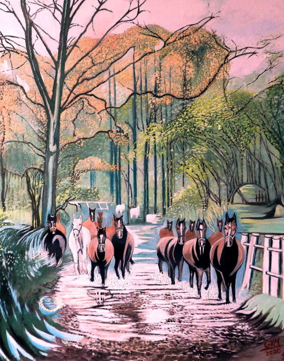 Peinture intitulée "Harde de chevaux HS…" par Gym, Œuvre d'art originale, Huile