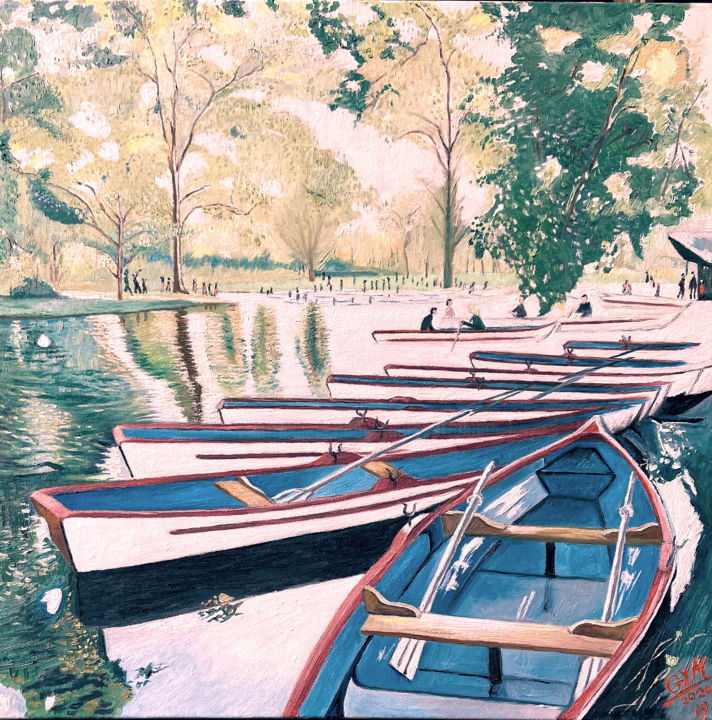 Painting titled "Les barques du lac…" by Gym, Original Artwork, Oil