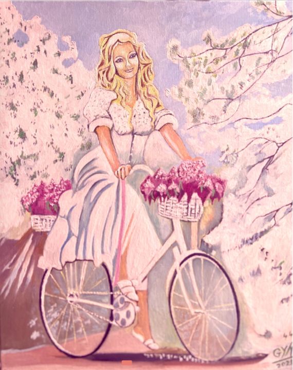 Картина под названием "Femme à vélo HST 15…" - Gym, Подлинное произведение искусства, Масло