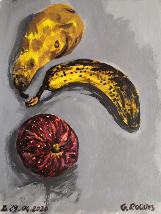 Painting titled "POMME POIRE BANANE 2" by Georges Roques, Original Artwork, Acrylic