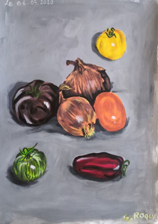 Painting titled "tomates oignons" by Georges Roques, Original Artwork, Acrylic