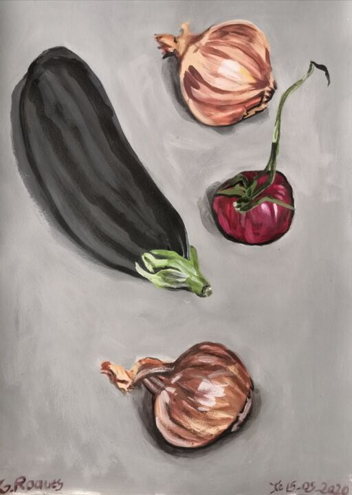 Painting titled "Aubergine, tomate,…" by Georges Roques, Original Artwork, Acrylic
