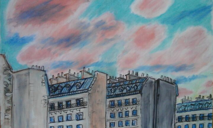 Drawing titled "Nuages et toits par…" by Georges Roques, Original Artwork, Pastel