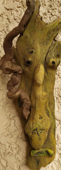 Sculpture titled "Tête végétal" by Georges Szmalc, Original Artwork, Wood