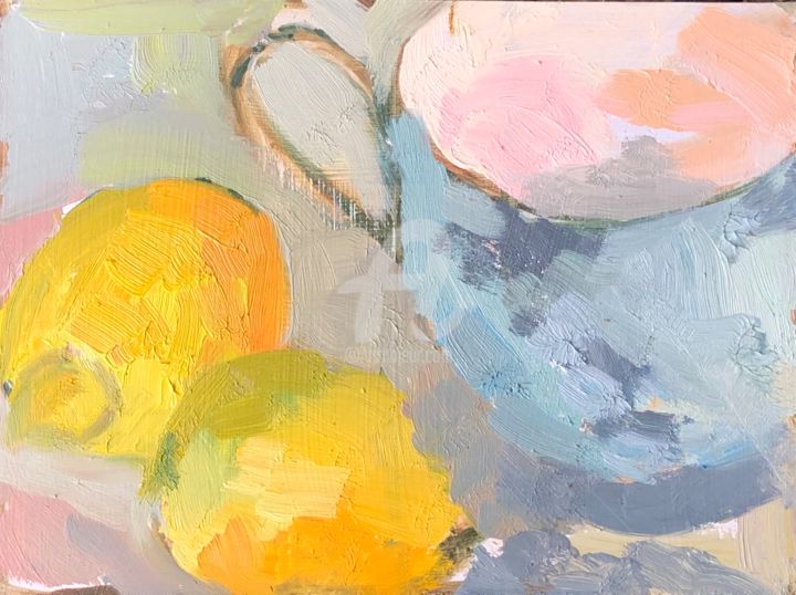 Painting titled "Lemons and Tea Cup" by Georgina Rey, Original Artwork, Oil