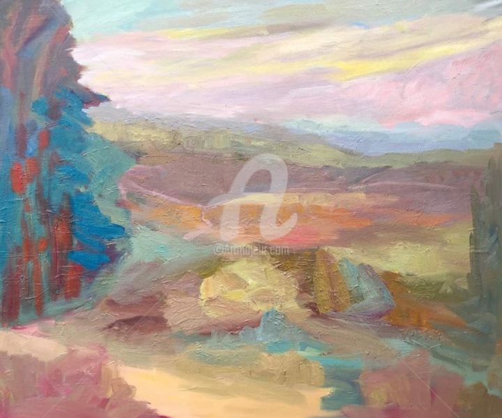 Malerei mit dem Titel "Towards the Huts" von Georgina Rey, Original-Kunstwerk, Öl