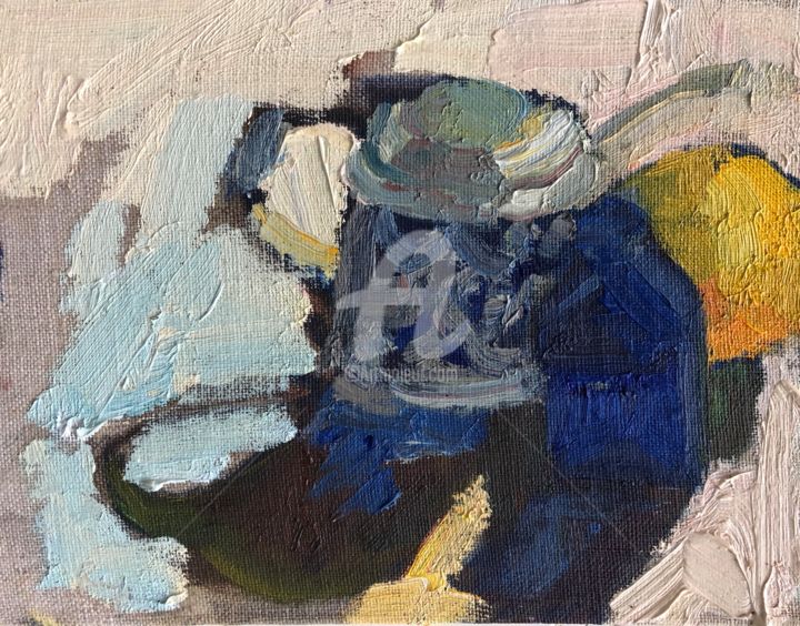 Painting titled "Mustard Pot, Blue B…" by Georgina Rey, Original Artwork, Oil