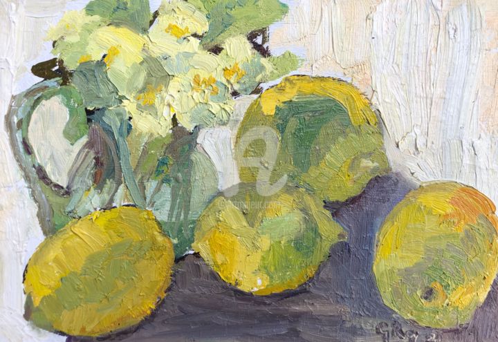 Painting titled "Primroses and Lemons" by Georgina Rey, Original Artwork, Oil Mounted on Wood Panel