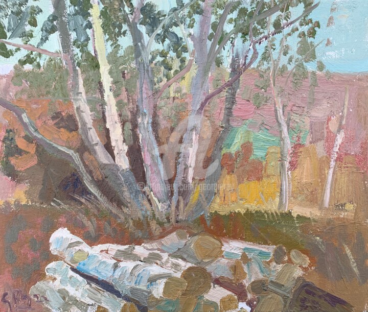 Painting titled "Silver Birches Log…" by Georgina Rey, Original Artwork, Oil Mounted on Other rigid panel