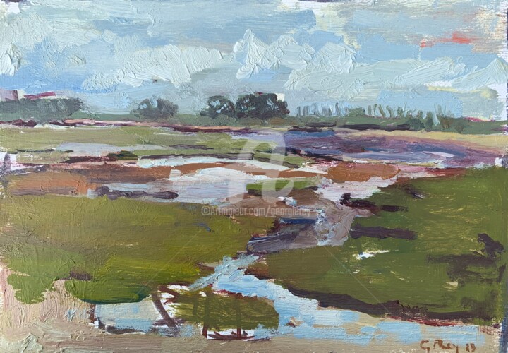 Painting titled "Low Tide, West Witt…" by Georgina Rey, Original Artwork, Oil Mounted on Wood Panel