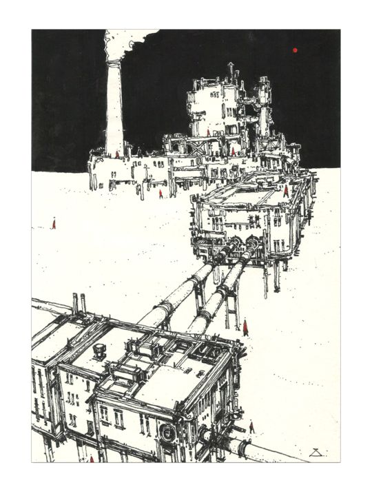 Drawing titled "Industrial Story" by Georgy Stork, Original Artwork, Ink