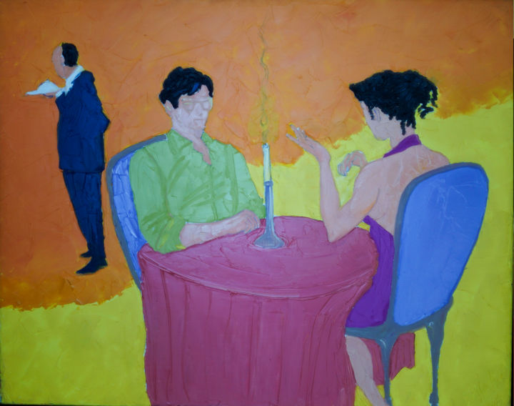 Painting titled "Diner à la chandelle" by Sam Salahié, Original Artwork, Oil