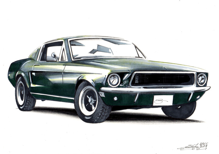 「Ford Mustang Bullitt」というタイトルの描画 Gerald Baesによって, オリジナルのアートワーク, マーカー
