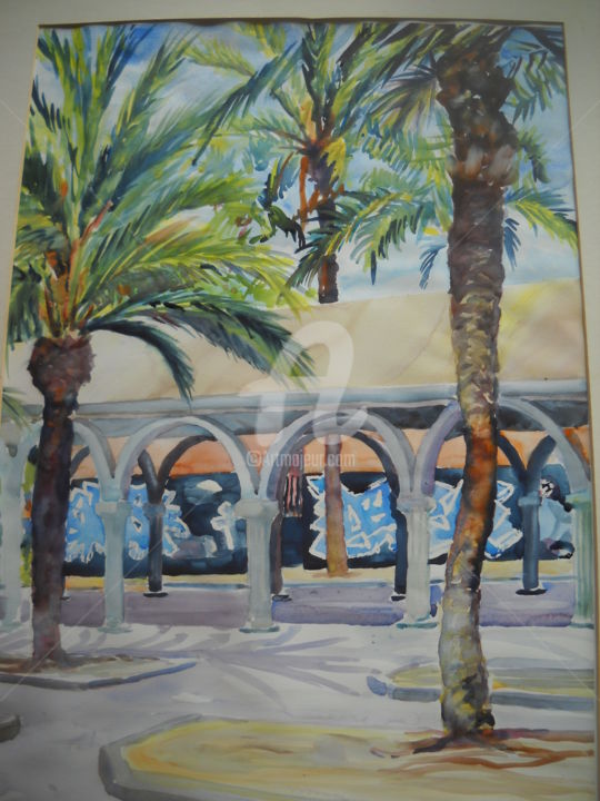 Painting titled "Le parc" by Gérald Janowski, Original Artwork, Watercolor