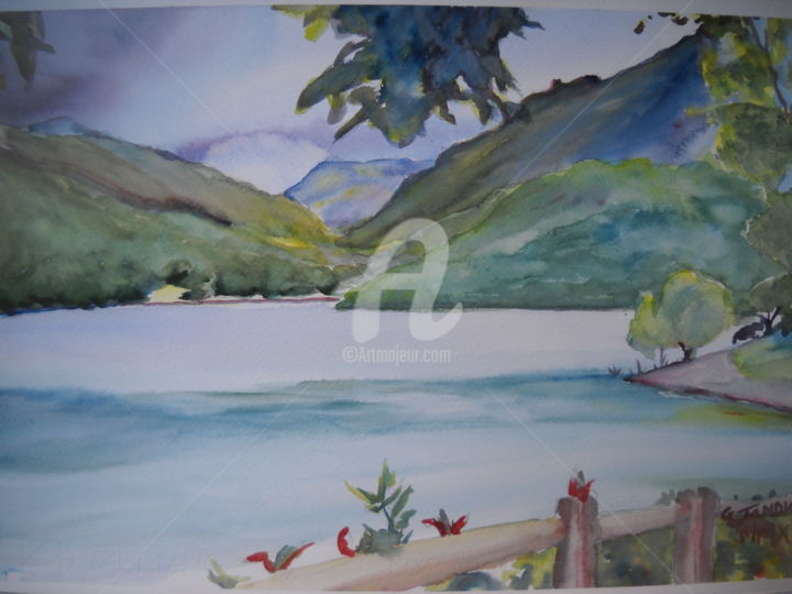 Painting titled "Le lac endormi" by Gérald Janowski, Original Artwork, Watercolor