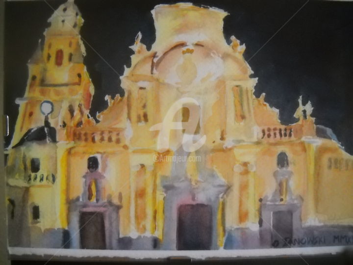 Painting titled "Cathédrale de Murcia" by Gérald Janowski, Original Artwork, Watercolor