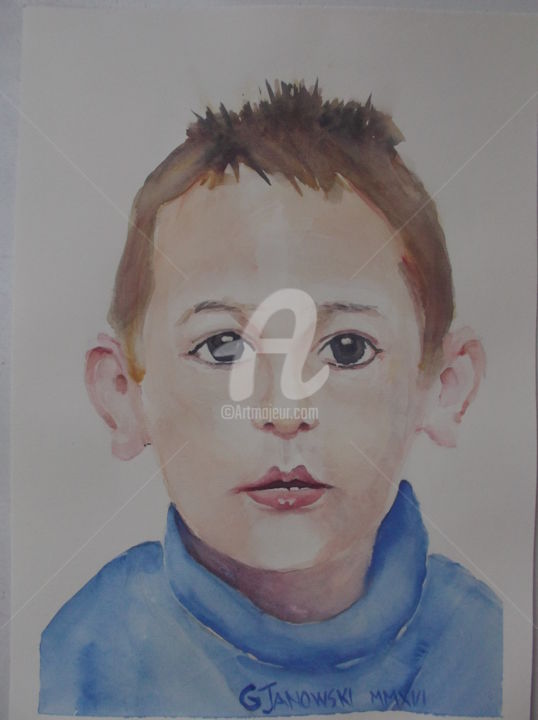 Pintura intitulada "Portrait d'enfant" por Gérald Janowski, Obras de arte originais, Aquarela