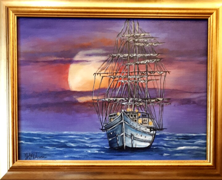 Картина под названием "Sailing at Sunset" - Geraldine Flahavan, Подлинное произведение искусства, Акрил Установлен на Деревя…