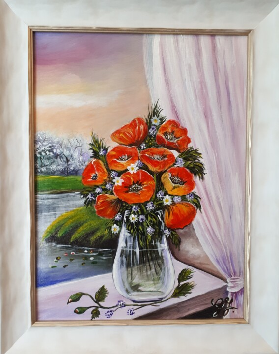 Pittura intitolato "Poppies on a window…" da Geraldine Flahavan, Opera d'arte originale, Acrilico