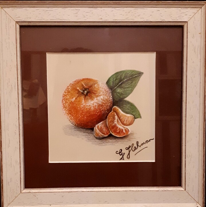 Desenho intitulada "" An Orange "" por Geraldine Flahavan, Obras de arte originais, Lápis Montado em Armação em madeira