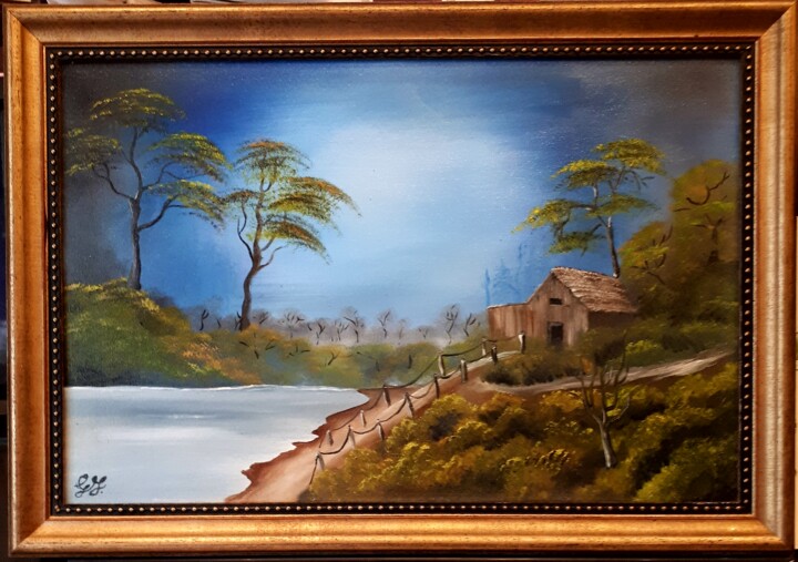 Painting titled "Cabin by the lake" by Geraldine Flahavan, Original Artwork, Oil Mounted on Wood Stretcher frame