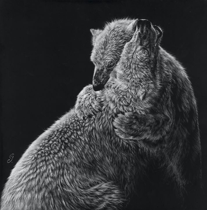 Zeichnungen mit dem Titel "Bear Hug" von Geraldine Simmons, Original-Kunstwerk, Scratchboard