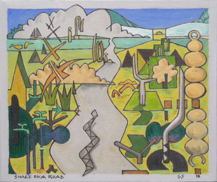Malerei mit dem Titel "Snake On A Road" von Gerald Shepherd F.F.P.S., Original-Kunstwerk, Öl