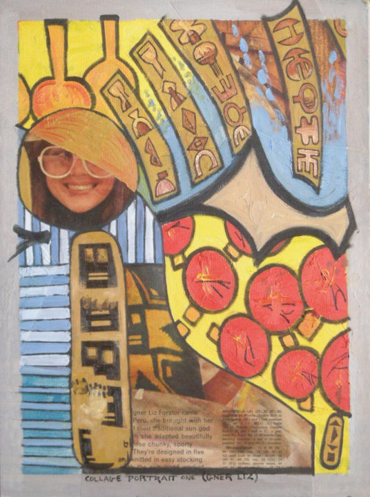 Schilderij getiteld "Collage Portrait 1" door Gerald Shepherd F.F.P.S., Origineel Kunstwerk, Olie