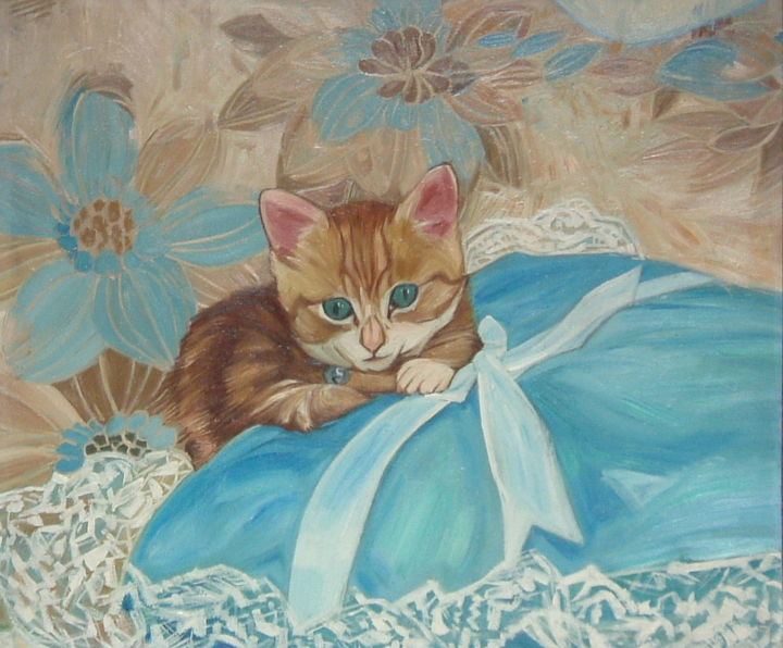 Painting titled "Kitten On A Cushion" by Gerald Shepherd F.F.P.S., Original Artwork, Oil