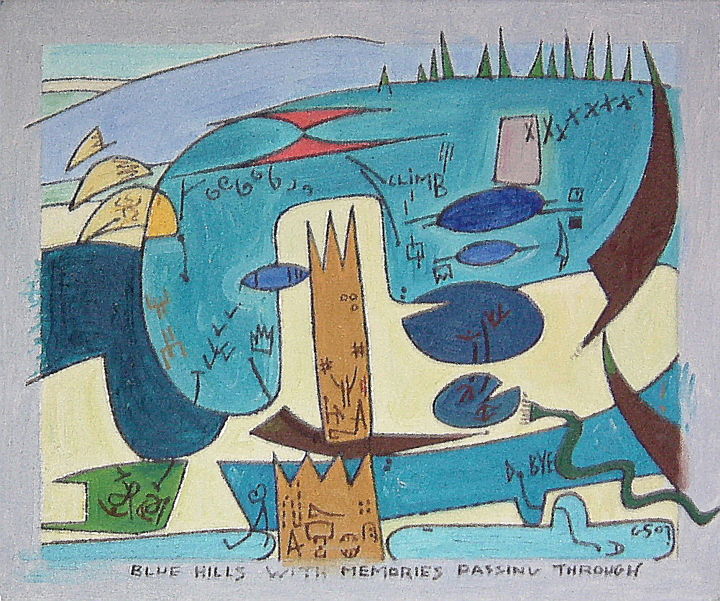 Malerei mit dem Titel "Blue Hills With Mem…" von Gerald Shepherd F.F.P.S., Original-Kunstwerk, Öl