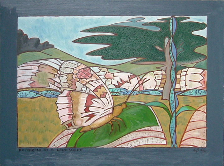 Schilderij getiteld "Butterfly In A Land…" door Gerald Shepherd F.F.P.S., Origineel Kunstwerk, Olie