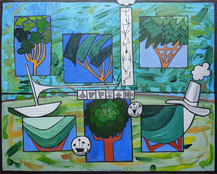 Painting titled "Tree Inventions" by Gerald Shepherd F.F.P.S., Original Artwork, Acrylic Mounted on Cardboard