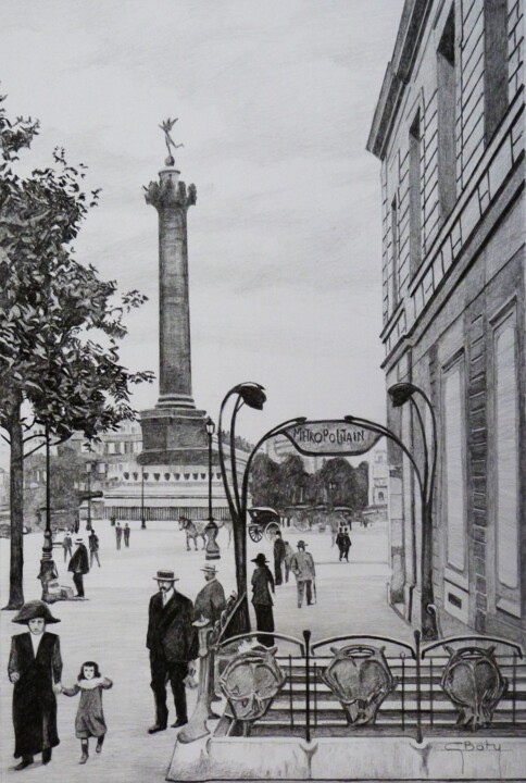Рисунок под названием "Paris - La place de…" - Gérard Baty, Подлинное произведение искусства, Карандаш