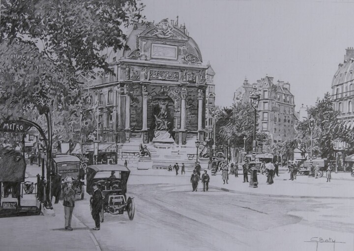 Drawing titled "Paris - La fontaine…" by Gérard Baty, Original Artwork, Pencil