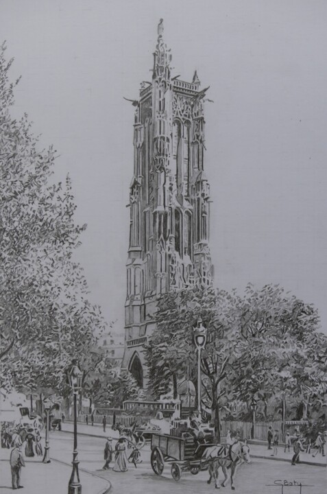 Desenho intitulada "Paris - La tour Sai…" por Gérard Baty, Obras de arte originais, Lápis