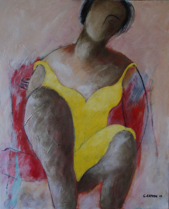 Malerei mit dem Titel "La robe jaune" von Gérard Capron (G.CAPRON), Original-Kunstwerk, Acryl