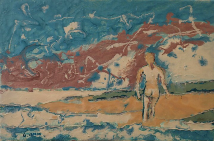 Painting titled "Sur la plage" by Gérard Capron (G.CAPRON), Original Artwork, Enamel